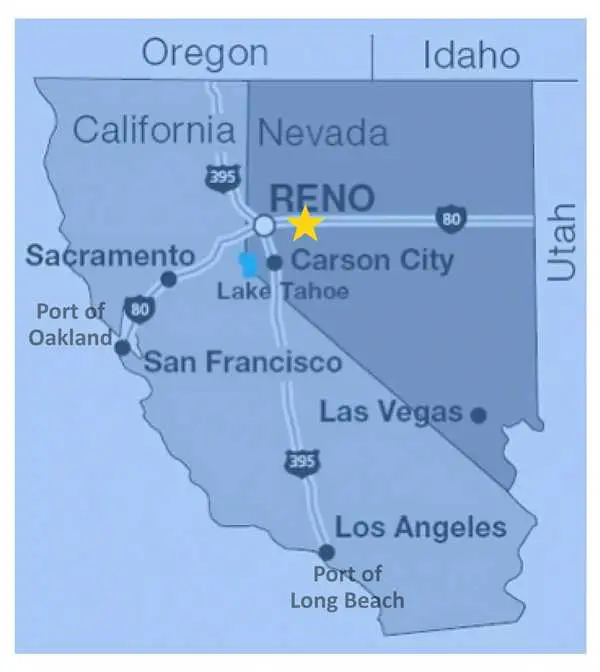 A map of the state of california with reno highlighted.