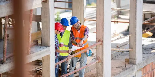 Three people in hard hats and safety vests are looking at a piece of wood.